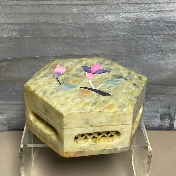 Hexagonal Stone Trinket Box Vintage MOP Inlaid Floral Motif Dendrite Inclusion - Picture 13 of 13